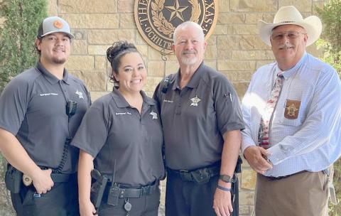 MORRIS RETIRES AS JAIL ADMINSTRATOR— The Ochiltree County Sheriff’s Office recognized the retirement of longtime jail administrator Tom Morris recently. Morris served the county for over 16 years as the jail administrator. His replacement as jail administrator will be Kim Rios. Pictured are, from left, Sgt. Abe Valdez, Rios, Morris, and Sheriff Terry Bouchard.