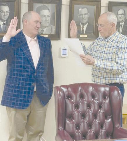 The Ochiltree County Commissioners held a special meeting on Monday to swear in Eric Kerl as the county’s new Justice of the Peace. The previous Justice of the Peace, Bucky Goldsberry, died in March. Since he ran unopposed in the recent primary election, the county and the Republican County Executive Committee appointed Kerl to fill the position through at least Dec. 31 of this year. Pictured are, from left, Kerl and County Judge Charles Kelly.