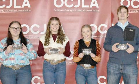 At this year’s Ochiltree County Junior Livestock Show and Sale on Jan. 17-18, the Senior Reserve Showmanship Awards were presented. Pictured are, from left: Alexis Goldsberry, Tana Williams, Emmalee Lopez, and Nathan Miller. (Photo credit: Morgan Dudley)
