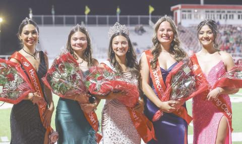 HOMECOMING COURT—The 2024 Perryton High School homecoming queen was crowned during the Rangers’ homecoming game against Pampa. The queen and court included, from left, Samantha Sandoval, Sabrina Nyman, queen Natalie Estrada, Maisy McGaughy and Lindsey Valenzuela.