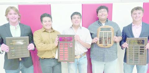 FOOTBALL HONOREES AT ALL SPORTS BANQUET— Perryton High School’s football team was recognized at the Perryton High School All Sports Awards Banquet on May 4. Pictured are, from left: Cash Wheeler, Best Defensive Player; Jeremiah Hernandez and Isaac Arellano, winners of the Pete Peterson Award; Jason Gutierrez, Best Lineman; and Cooper Schilling, Best Offensive Player.