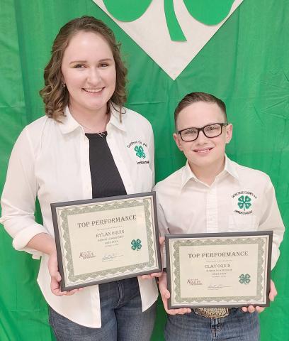 JUNIOR AND SENIOR LEADERS— Ochiltree County 4-H’s annual awards ceremony was held Oct. 14 at the Expo Center. Awards were presented for Junior and Senior Leadership Awards, which require a completed record book of their experiences in 4-H and are based on student leadership within the organization. Pictured are, from left, Senior Leadership winner Rylan Oquin and Junior Leadership winner Clay Oquin.