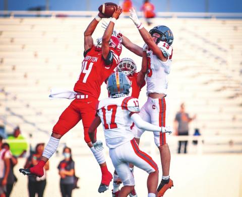 RANGERS FALL TO CAPROCK Sophomore Julian Cervantes #14 intercepts a throw on the first drive of the Caprock Longhorns during Friday’s homecoming festivities at Ranger Field. The Caprock Longhorns took home a win, 25-18. See story for more information. (Photo courtesy of David Erickson)