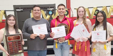 Perryton High School students were honored and recognized for their academic achievements during the year at the Academic Awards Banquet held in the Rangerette Gym. Pictured are, from left, front row: Mayreli Navarrete (Outstanding Art Student), Jonathan Ramirez (Outstanding Technology Student), Carlos Hernandez (Outstanding Math and Journalism Student), Madelyn Schickedanz (Outstanding English, Science, Social Studies, and Spanish Student), and Adamaris Banos (Outstanding Business Student).