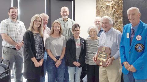 Local attorney Keith Good was named as the recipient of the Perryton Lions Club’s Melvin Jones Fellowship Award at a recent Lions Club meeting. The Melvin Jones Fellowship, established in 1973, is the highest form of recognition awarded by the Lions Clubs International Foundation. Pictured are, from left, Brandon Knapp, Afton Trejo, Greg Good, Sherry Good, Greg Brown, Gretchen Good, Toni Good, Frosty Hickerson, Keith Good, and Henry Wyckoff (past Lion District Governor).