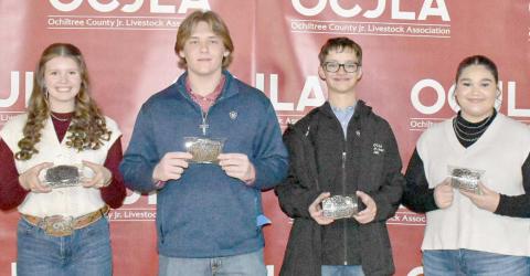 The Senior Showmanship Awards were presented to students at the Ochiltree County Junior Livestock Show and Sale on Jan. 17-18. Pictured are, from left: Tana Williams, Cash Wheeler, Jake Schickedanz, and Saraelee Pshigoda. ( Photo credit: Morgan Dudley)