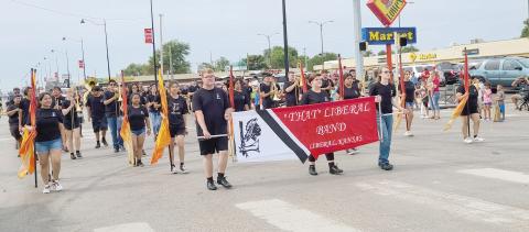 BEST LARGE BAND— Thousands of Ochiltree County residents showed up to watch the Wheatheart of the Nation Celebration parade on Main Street on Aug. 20. The winner of the Large Band category was the Liberal, KS marching band.