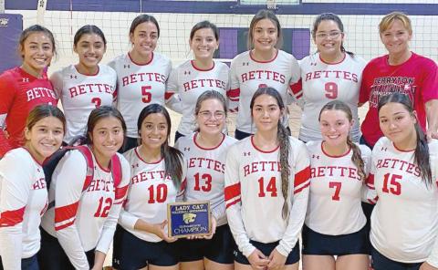 RETTES ARE CHAMPS—The Rangerette volleyball team captured the championship in the ivory bracket of the River Road Tournament held last weekend. Team members are, first row from left, Karyme Rojo, Samantha Ramirez, Tanya Navarrete, Molly McGaughy, Vanessa Najera, Halley Farney and Alexa Frias; and second row, Genesis Flores, Deanna Gutierrez, Jaki Mercado, Julia Estrada, Janet Montoya, Lainey Orozco and Coach Jan Reed.