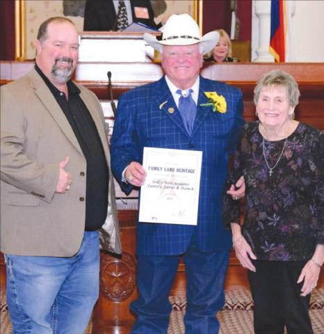 LOCAL FAMILY HONORED Texas Department of Agriculture’s Family Land Heritage Program recently honored Texas farms/ranches that have been in operation more than 100 years. Pictured receiving the honor at the Texas State Capitol on behalf of the Selby-Schickedanz Family Farm &amp; Ranch are Jason Schickedanz (left) and Charleen (Selby) Schickedanz (right) with Texas Agriculture Commissioner Sid Miller (center).