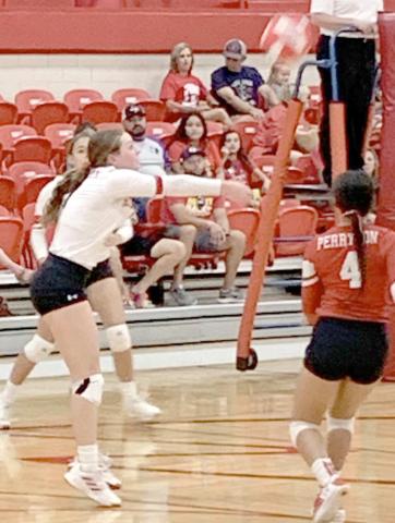 RETTE VOLLEYBALL—The Rangerettes hosted the Borger Lady Bulldogs Tuesday, falling in three sets. Above, senior Halley Farney Makes a pass to the setter after receiving a Borger Lady Bulldog serve.