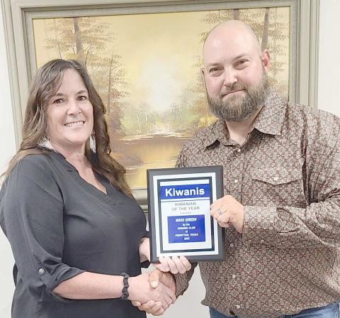KIWANIAN OF THE YEAR— The Perryton Kiwanis Club recognized Nikki Green as their Kiwanian of the Year for 2023 during their annual banquet last Tuesday evening. Pictured are, from left, Green and Kiwanis president Chase Allison.