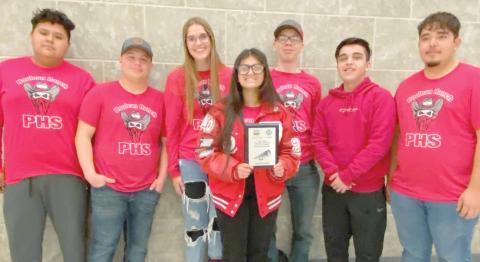 REGIONAL WINNERS—The Perryton High School Ranger Robotics Team won the first place trophy Promo Award at the Regional First Tech Challenge Meet. The team was also named the regional third place winner of the First Tech Challenge Think Award. Team members left to right are Elias Becerril, Jaden Rodriguez, Isabella Hansen, Araseli Llamas. Kaye Temple, Andy Montes and Emanuel Granillo.