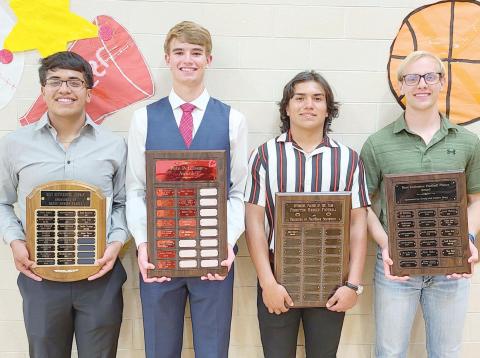 TOPS IN FOOTBALL—Perryton High School’s football team was honored on Monday evening at the Perryton High School All Sports Awards. Pictured are, from left: Junior Torres, who won the Best Football Lineman Award; Jacob Schollenbarger, winner of the Pete Peterson Award; Jahir Romero, Best Offensive Player; and Shep Miller, Best Defensive Player.