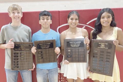 Perryton High School’s track team was honored on May 5 at the Perryton High School All Sports Awards Banquet. Pictured are, from left: Jacob Erickson, boys MVP; Alex Venegas, boys Fighting Heart winner; Geraldine Gamez, girls Fighting Heart winner; and Alexa Valenzuela, girls MVP.