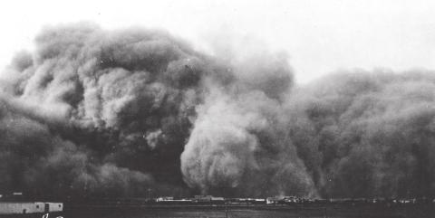 PANHANDLE DUSTER — This dust storm which moved into Perryton on Sunday, April 14, 1935, was one of the worst recorded during the “Dirty Thirties.” This storm continued for about 12 hours, turning day into night. It was one of many such storms which swept through the Perryton area during this decade of depression and crop failure.