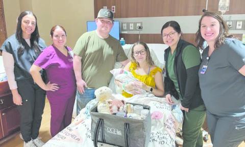 Ochiltree County’s first baby of 2026 was born this week at Ochiltree General Hospital. Cori Scott was born on Saturday, Jan. 10 New Year’s Day, at 4:59 p.m. She weight 6 pounds, four ounces and measured 19.25 inches. Her parents are Chris and Isis Scott, and she was delivered by Dr. Blake DeWitt. Pictured are, from left, student trainee Jaqueline Mercado, charge nurse Connie Beltran, proud parents Chris and Isis Scott, and OB nurses Faith Salas and Sorrele McWhorter.
