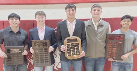 Perryton High School’s football team was recognized on Monday evening at the Perryton High School All Sports Awards Banquet. Pictured are, from left: Javier Martinez, Best Defensive Player; Cooper Schilling, Best Offensive Player; Avaun Garcia Best Football Lineman; and Dane Staggs and Noel Venegas, who received the Pete Peterson Award.