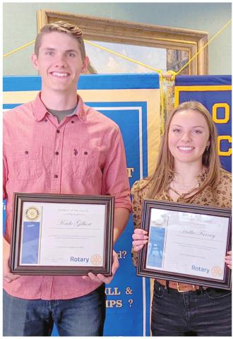 APRIL STUDENTS OF THE MONTH—Kade Gilbert, left, and Halley Farney were chose as the Perryton Rotary Club Students of the Month for April. They were special guests of the club April 7.