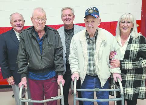 PHS HOLDS ANNUAL VETERANS DAY PROGRAM Perryton High School’s annual Veterans Day program brought together veterans from recent campaigns in the Middle East all the way back to World War II. In addition to presentations recognizing every veteran attendee, there was also a special presentation focusing on Perryton’s two remaining veterans of World War II, Ernest Barclay and John B. Hardy. Pictured are, from left, speaker Ken Splawn, Hardy, speaker Marlon Sparks, Barclay, and speaker Becky Randall.