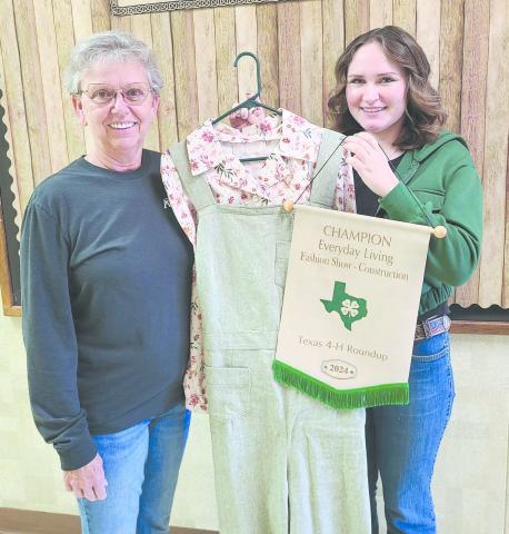 Rylan Oquin will compete at the 4-H Family and Consumer Science National Championship and Conference this month in San Antonio. The six-year 4-H student will compete in the national invitational competition in the Fashion Review category using the jumper and blouse she created for the state 4-H contest. Pictured are, from left, Ochiltree County Texas A&amp;M Agrilife Extension Secretary Ruth Ann Splan and Oquin.