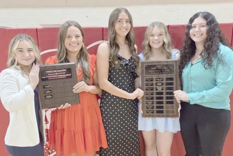 Perryton High School’s girls basketball team was recognized at the annual All Sports Awards Banquet at PHS. Pictured are, from left, Emma Lingo and Maisy McGaughy, who shared the Fighting Heart award, and Mallee Vela, Aubrey Daugherty, and Emma Martinez, who were named the team’s Most Valuable Players.