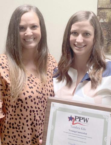 YOUNG CAREERIST OF MONTH—Tambra Kile, right, was named the Young Careerist of the Month for August by the Panhandle Proffessional Women’s Club. Pictured with her is PPW vice president Cayla Maestas.