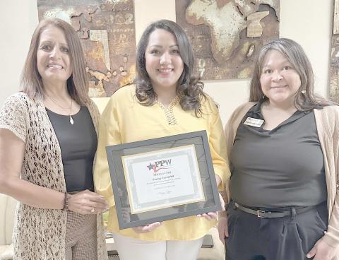 PPW YOUNG CAREERIST FOR MAY— Mireya Cruz, center, has been selected as the Young Careerist of the Month by the Panhandle Professional Women’s Club. Pictured with her are PPW members Susie Najera, left, and Maria Gonzales.
