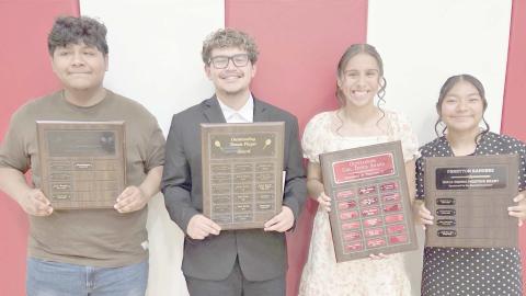 Perryton High School’s tennis teams were honored on May 4 at the Perryton High School All Sports Awards Banquet. Pictured are, from left: Aiden Montelongo, the recipient of the boys’ Fighting Heart Award; Daniel Tarango, who took home the boys’ Outstanding Boys Tennis Player award; Aliyah Hernandez, winner of the Outstanding Girls Tennis Player award; and Emili Ixtan Nas, recipient of the girls’ Fighting Heart award.