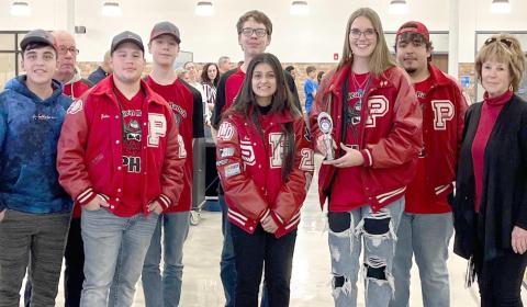 ROBOTS TO REGIONALS—Perryton High School’s Robotics Team, nicknamed the Boolean Ranch, is heading to Regional competition later this month in Lubbock. Pictured are, from left, Andy Montes, mentor Doug Caddel, Jayden Rodriguez, Trenton Estes, Kayve Temple, Araseli Llamas, Isabella Hansen, Manuel Granillo and PHS Robotics Coach Sandy Woods.