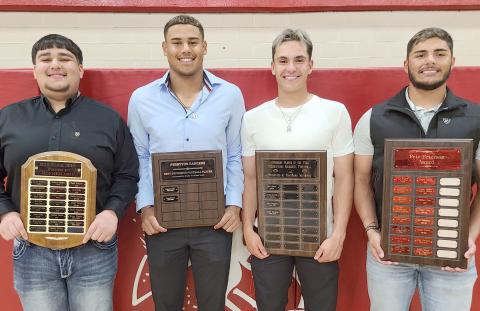 Perryton High School’s football team was recognized at the Perryton High School All Sports Awards Banquet. Pictured are, from left: Edgar Ramos, Best Football Lineman; Samuel Perez, Best Defensive Player; Julian Cervantes, Best Offensive Player; and Dalton L’Esperance, Pete Peterson Award. Not pictured is Rodolfo Delgado, who also received the Peter Peterson Award.