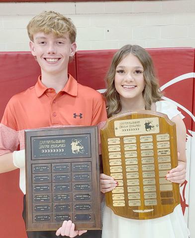OUTSTANDING GOLFERS NAMED AT BANQUET— Brandon Thomas, left, was awarded the boys’ Outstanding Golfer award, with Aubrey Daugherty winning girls’ Outstanding Golfer during Perryton High School’s annual All Sports Awards Banquet at the high school.