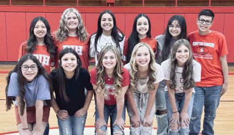 PJH SELECTS CHEERLEADERS— Perryton Junior High School’s cheerleaders have been selected for the upcoming 2023-24 school year. Pictured are, from left, front row, seventh graders Marilyn Rojo, Braelynn Kile, Maci Cook, Summer Brillhart, and Alexa Vela; and back row, eighth graders Kayman Vanosdol, Emery Day, Zoey Valdez, Leilani Estrada, mascot Naomi Becerril, and Adrian Guerrero.