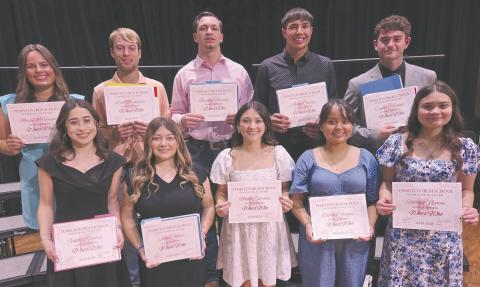 At the annual awards ceremony at Perryton High School on Tuesday, May 13, local scholarships were awarded to PHS seniors. Other awards announced at the ceremony included this year’s Who’s Who, including, from left, front row:,Valerie Ramirez, Julia Alfaro, Natalie Estrada, Destiny Vasquez, and Sabrina Nyman; back row, Maisy McGaughy, Britt Blackshear, Brayden Newman, Avaun Garcia, and Conner Kitchens.