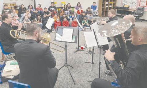 The Amarillo Symphony Brass Quintet visited Williams Intermediate School on Nov. 28 to perform for students in music classes and to answer questions about their instruments and other music-related topics. The quintet performed later that evening at the Perryton Junior High School Auditorium in a concert to benefit the Pathways Scholarship Program.