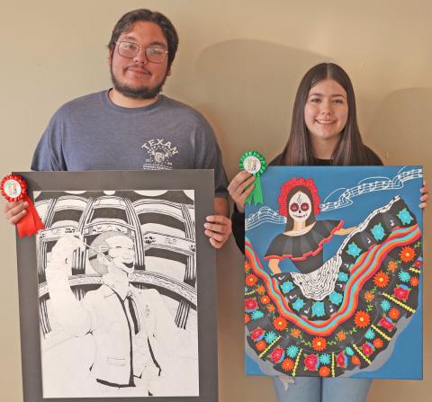 PHS ART WINNERS— Perryton High School art students competed in the ninth annual “Windows on the Wider World” art competition on Nov. 5 at the Amarillo Civic Center. The theme for this year’s contest was “Music.” Adrian Navarrete, at left, took second place in the competition and was awarded $300. Lesly Pinon, at right, placed in the top ten and was awarded $100.