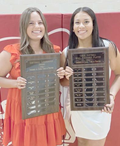 PHS SOFTBALL TEAM WINS AWARDS— Perryton High School’s softball team was honored at the Perryton High School All Sports Awards Banquet. Pictured are, from left, Maisy McGaughy, recipient of the Leadership Award, and Yaneli Mier, the team’s Most Valuable Player.