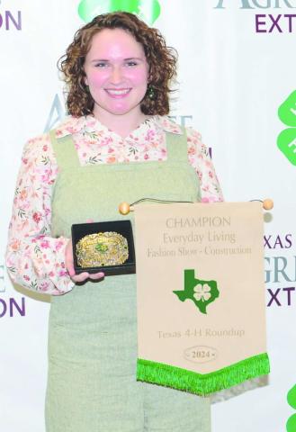OQUIN TAKES FIRST AT STATE Rylan Oquin, a five-year member of Ochiltree County 4-H, placed first in the Every Day Living Construction competition, a garment construction event, at this month’s State 4-H Roundup in College Station. She is now eligible to compete at the National 4-H Fashion Competition.