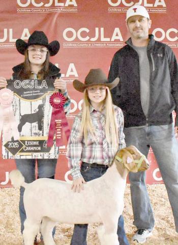 At the Ochiltree County Junior Livestock Show and Sale on Jan. 17-18, Madeleine Jumper took home the award for Reserve Grand Champion Goat. Her animal was purchased by Perryton Realty. Pictured are, from left, Amelia Jumper, Madeleine Jumper, and Bryce Hale. ( Photo credit: Morgan Dudley)