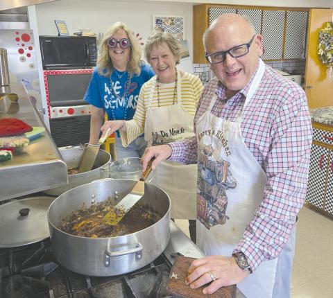 The Ochiltree County Senior Citizen Center had to postpone their Mardi Gras celebration for a week, but the whole crew got together Tuesday evening to enjoy a Cajun meal of blackened catfish, blackened chicken, dirty rice, spinach madeline, shrimp remoulade, and bread pudding. Pictured are, from left, Senior Center director Daryla Allred and guest chefs Cynthia and Kerry Symons.