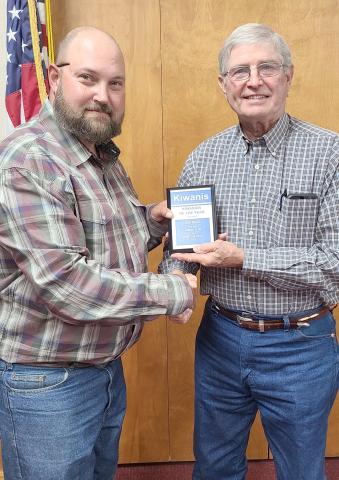 KIWANIAN OF THE YEAR— The Perryton Kiwanis Club recognized Budd Rudd as their Kiwanian of the Year for 2020 during their annual banquet on Tuesday evening. Pictured are, from left, Kiwanis president Chase Allison and Rudd.