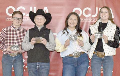 At the Ochiltree County Junior Livestock Show and Sale on Jan. 17-18, the Junior Reserve Showmanship Awards were presented to participating students. Pictured are, from left: Clay Oquin, Teaghan Morgan, Avery Swenhaugen, and Davanee Anderson. (Photo credit: Morgan Dudley)