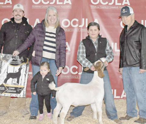 The award for Grand Champion Goat at the Ochiltree County Junior Livestock Show and Sale on Jan. 17-18 went to Graham Duvall. The animal was purchased by Panhandle First Bank. Pictured from left are Cameron Duvall, Cindy Duvall, Kollyns Duvall, Graham Duvall, and Bill Pittman. ( Photo credit: Morgan Dudley)