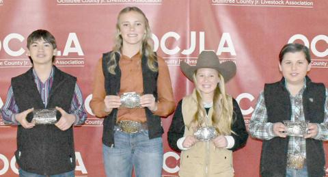 The Junior Showmanship Awards were presented to students at the Ochiltree County Junior Livestock Show and Sale on Jan. 17-18. Pictured are, from left: Connor Pribble, Payton Schilling, Lakyn Boxwell, and Graham Duvall. ( Photo credit: Morgan Dudley)