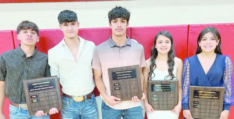Perryton High School’s soccer teams were honored at the annual All Sports Awards Banquet. Pictured are, from left, Ryu Ramirez and Yahir Castillo, boys team Fighting Heart award winners; Aviel Montes, boys team MVP; Evelyn Rodriguez, girls team MVP; and Yeiri Rodriguez, girls team Fighting Heart award winner.