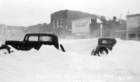 SNOW STORM — This snow on April 8, 1938 shows Perryton’s Main Street clogged with snowdrifts five feet high. This was one of the worst storms of that winter.