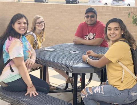 TAKING A BREAK FROM CLASS-Frank Phillips College Allen Campus students, from left, Rubi Borjas, Abby Feger, Jose Rosales and Ashley Flores are part of the Pathways program, which provides tuition, books and fees for eligible Perryton High School students while in high school and then while attending community college. The Pathways program has been very successful, with over 90 participants.