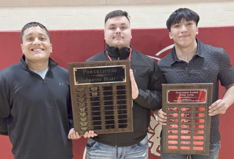 BOYS POWERLIFTERS WIN HONORS— Perryton High School’s boys powerlifting team was honored at the Perryton High School All Sports Awards Banquet. Pictured are, from left, Fabian Espino and Ever Andujo, who received the Fighting Heart award, and Javier Martinez, the Outstanding Powerlifter.