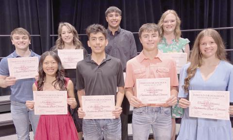 At the annual Perryton High School awards ceremony on May 13, students in each class were honored as the Best Citizens. Pictured are, from left, front row, freshmen Kayman Vanosdol and Abraham Gonzalez, and sophomores Cooper Schilling and Tana Williams; and back row, juniors Samuel DeSantiago and Jaelan Appelhans, and seniors Avaun Garcia and Adlee Felix.