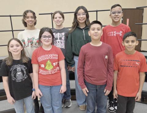 Perryton Junior High School students were named to the Region One Sixth Grade Honor Choir recently, made up of the top 10 percent of each sixth grade choir in the region. On Feb. 6, they will travel to Amarillo to participate in a clinic and concert. Pictured are, from left, front row: Sophie Frost, Katherine Zamora, David Lira, and Iker Escobar; back row: Imari Gentry, Charlee Haberthur, Kemily Rosales, and Jorge Rosales.