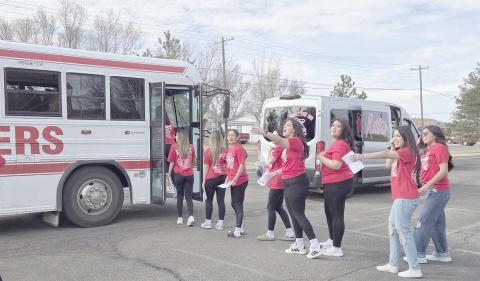 RETTES WIN BI-DISTRICT CHAMPIONSHIP— Perryton schools participated in a send-off for the Perryton Rettes basketball team on Monday morning as the team headed off for the playoffs. The Rettes defeated Fort Stockton 58-41 Monday night in Lubbock to win the Bi-District Championship. They’ll play El Paso’s Harmony Science Academy Friday at 4 p.m. in Lamesa for the Area Championship.